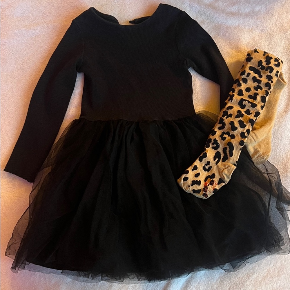 Black Dress with Leopard Print Tights (dress size 4 tights size 3/4)